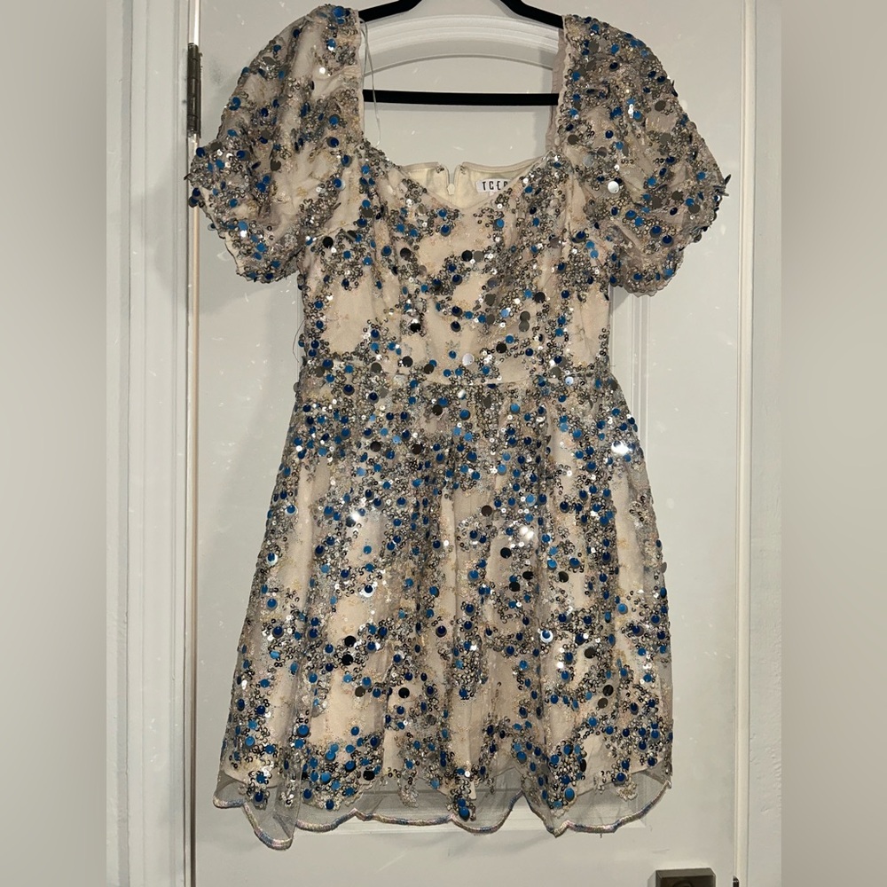 The Impeccable Pig Tan Blue Puff Sleeve Mini Dress